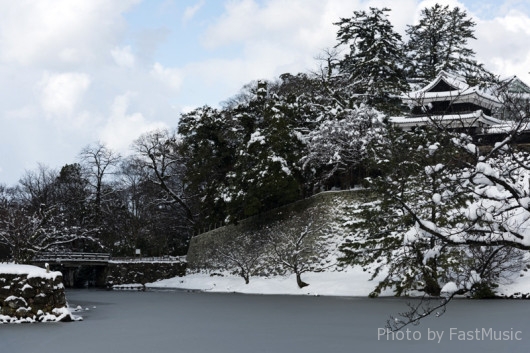 雪化粧の松江城内堀